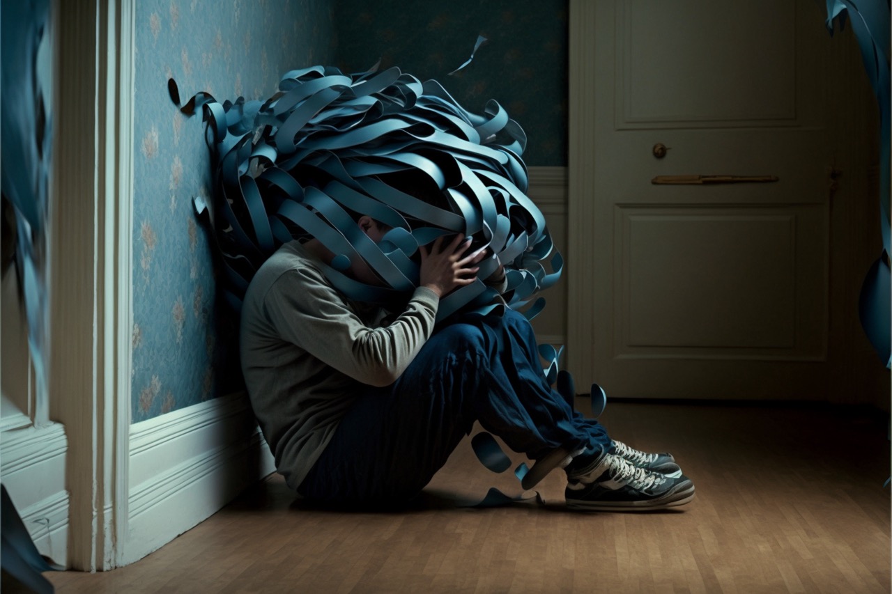 Ein Mann sitzt mit einer Wand im Rücken in einem dunklem Raum. Der Kopf ist verdeckt mit einer Vielzahl an Bändern